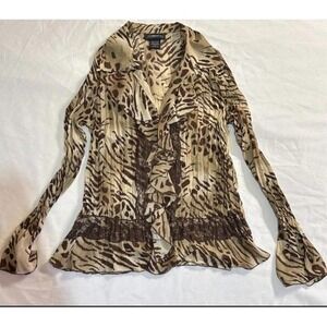 Elementz Animal Print Pleated Lace Trim Blouse Y2K Boho Bell Sleeve Brown